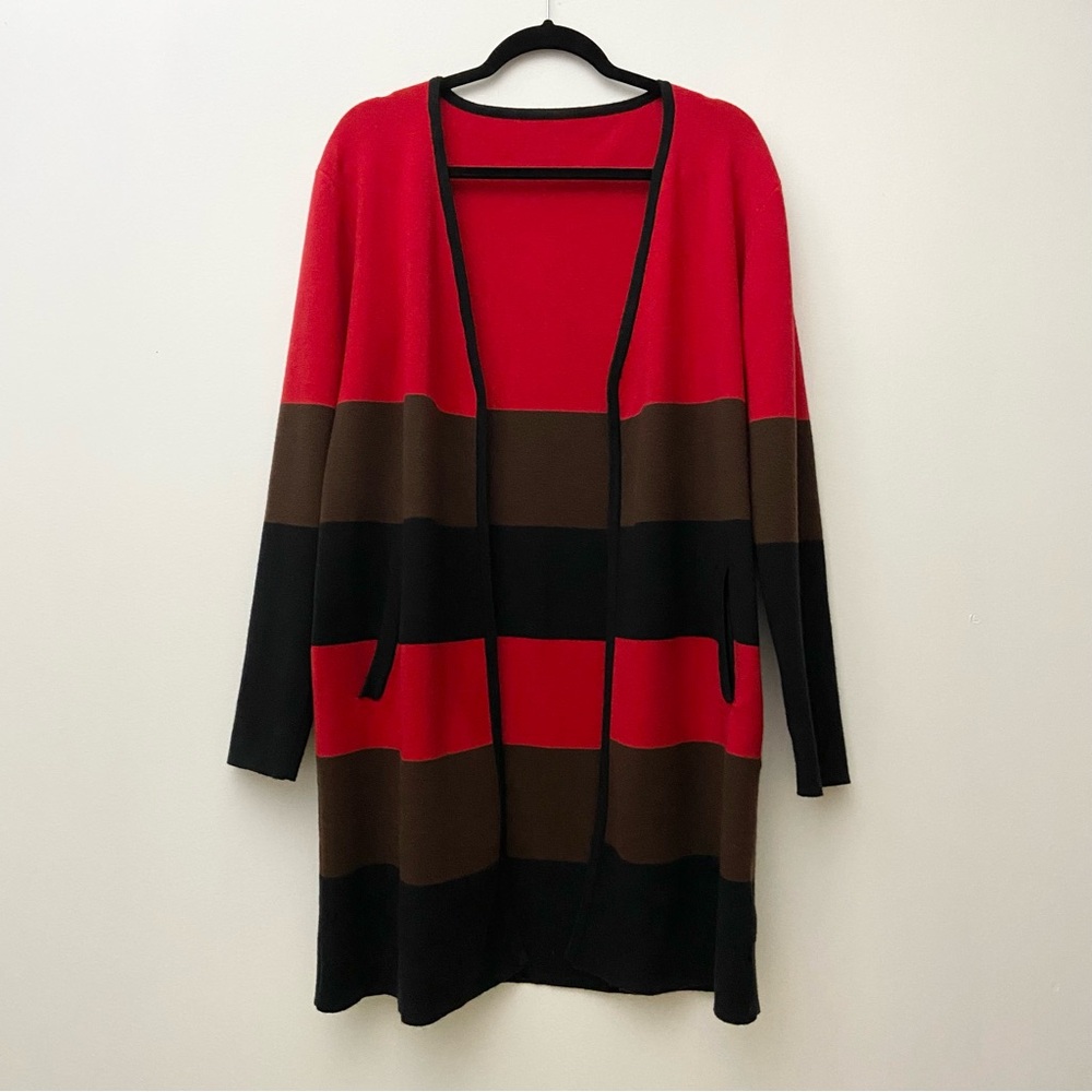 Long Striped Colourblock Red/Brown/Black Knit Cardigan